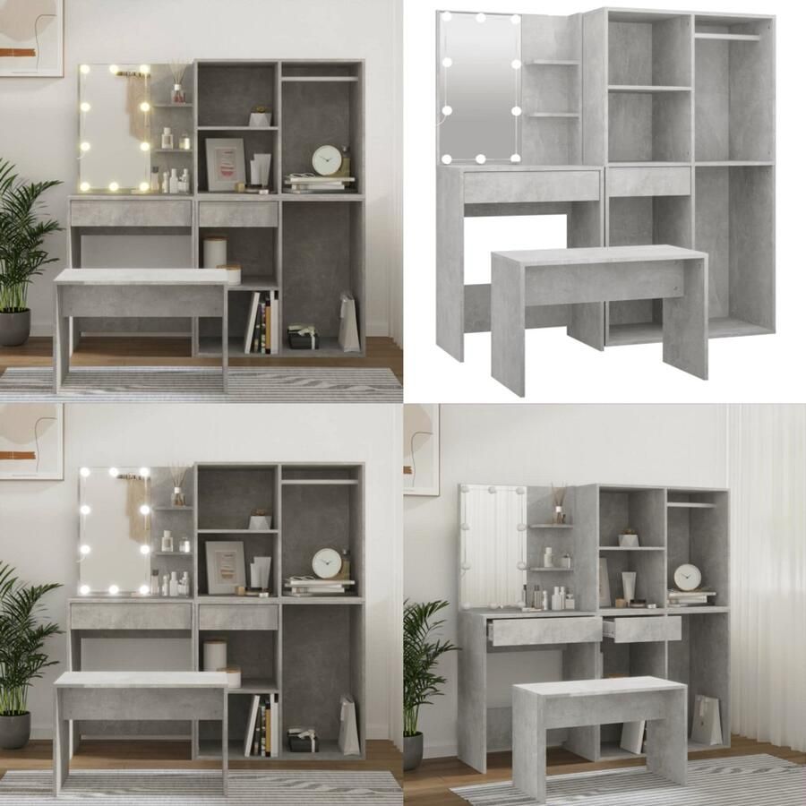 VidaXL Kaptafelset met LED's bewerkt hout betongrijs Kaptafelset Kaptafelsets Kaptafel Met Led Kaptafel