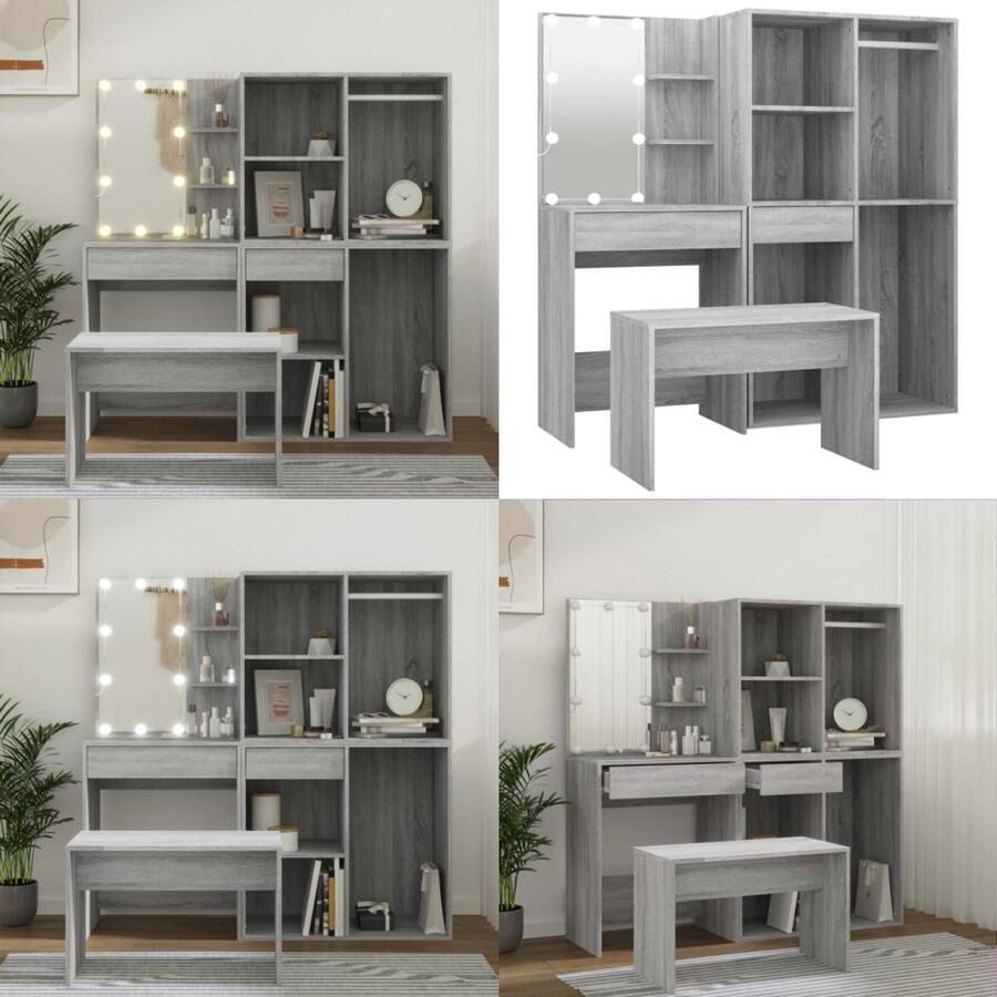 VidaXL Kaptafelset met LED's bewerkt hout grijs sonoma eikenkleurig Kaptafelset Kaptafelsets Kaptafel Met Led Kaptafel