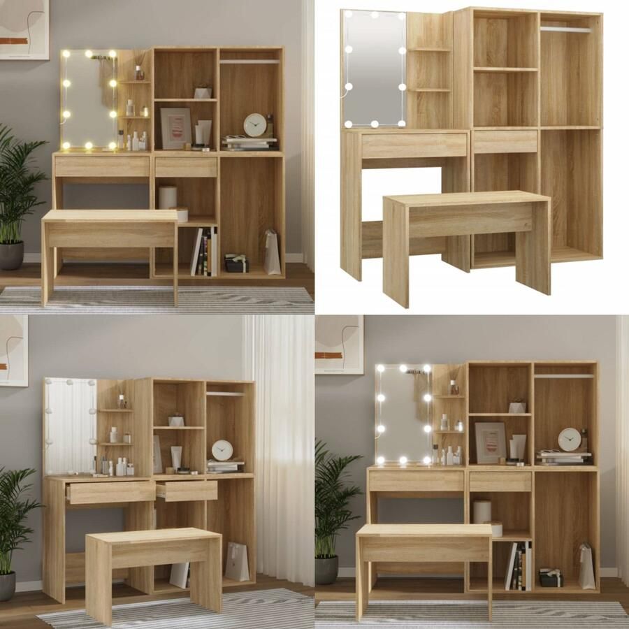 VidaXL Kaptafelset met LED's bewerkt hout sonoma eikenkleurig Kaptafelset Kaptafelsets Kaptafel Met Led Kaptafel
