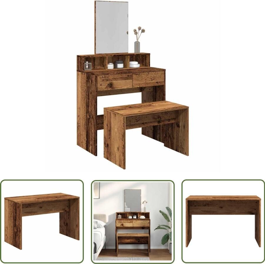 The Living Store Kaptafelkruk 70x35x45 cm bewerkt hout oud houtkleurig Kaptafelkruk Kaptafelkrukken Kaptafel Kruk Kaptafelkrukje