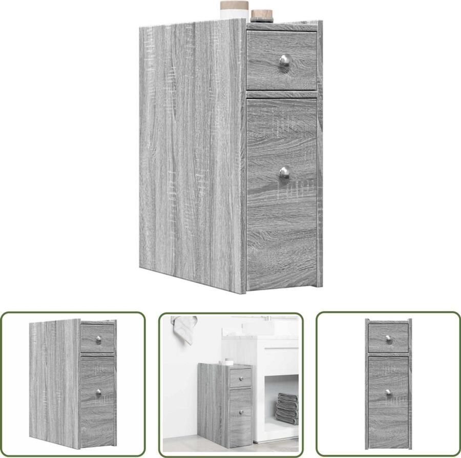 The Living Store Badkamerkast smal met wielen bewerkt hout grijs sonoma eiken Badkamerkast Kast Opbergkast Ladekast Grijze Badkamerkast