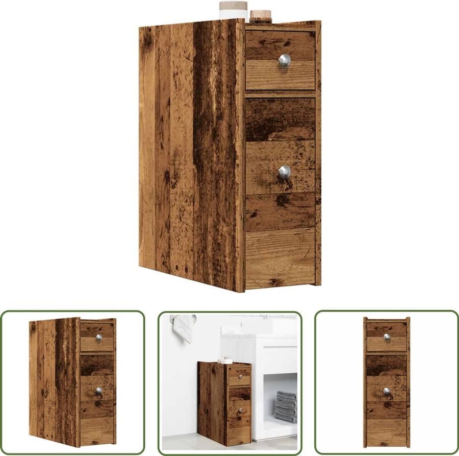The Living Store Badkamerkast smal met wielen bewerkt hout oud houtkleurig Badkamerkast Kast Opbergkast Houten Kast Smalle Kast