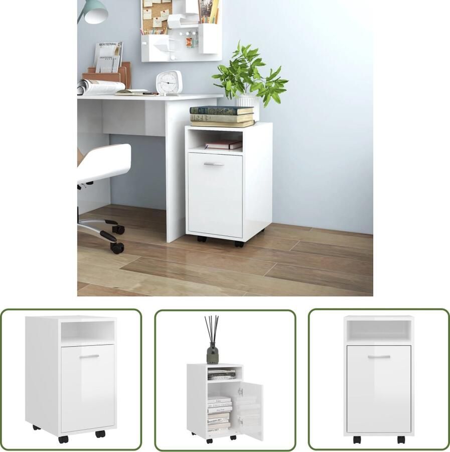 The Living Store Bijzetkast met wielen 33x38x60 cm bewerkt hout hoogglans wit Bijzetkast Kast Opbergkast Side Cabinet Houten Kast - Foto 2
