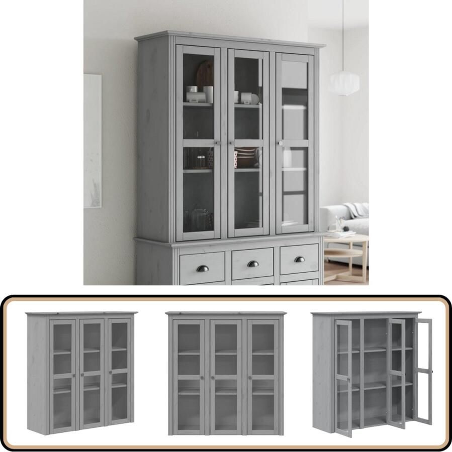 VidaXL Kast BODO Massief Grenenhout Grijs Vitrinekast Houten Kast Grenoble Kast Vintage Kast Landelijke Kast