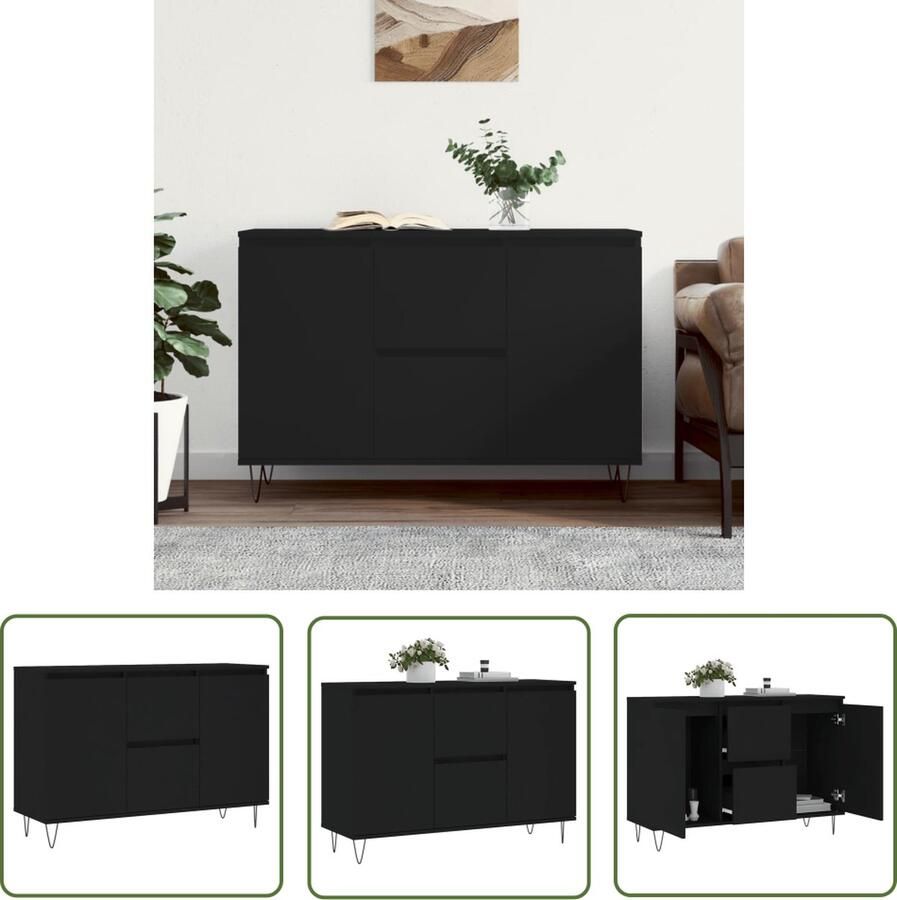 The Living Store Dressoir Trendy Opbergkast Afmetingen- 104x35x70 cm Kleur- Zwart Materiaal- Bewerkt hout en ijzer