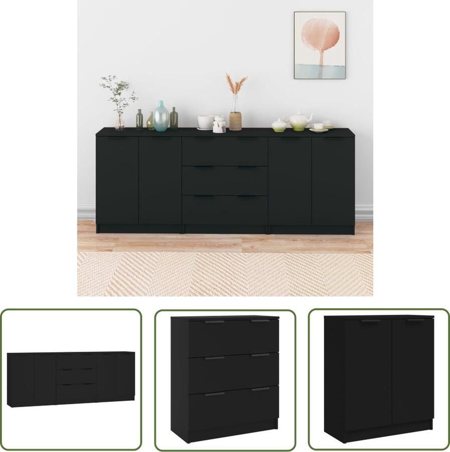 The Living Store 3-delige Dressoirs bewerkt hout zwart Dressoir Houten Dressoir Black Furniture Tv Stand Salontafel