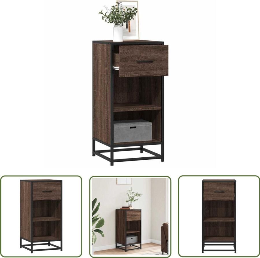 The Living Store Dressoir 35 5x35x76 cm bewerkt hout en metaal bruin eikenkleur Dressoir Kast Opbergkast Industrieel Design Houten Meubels