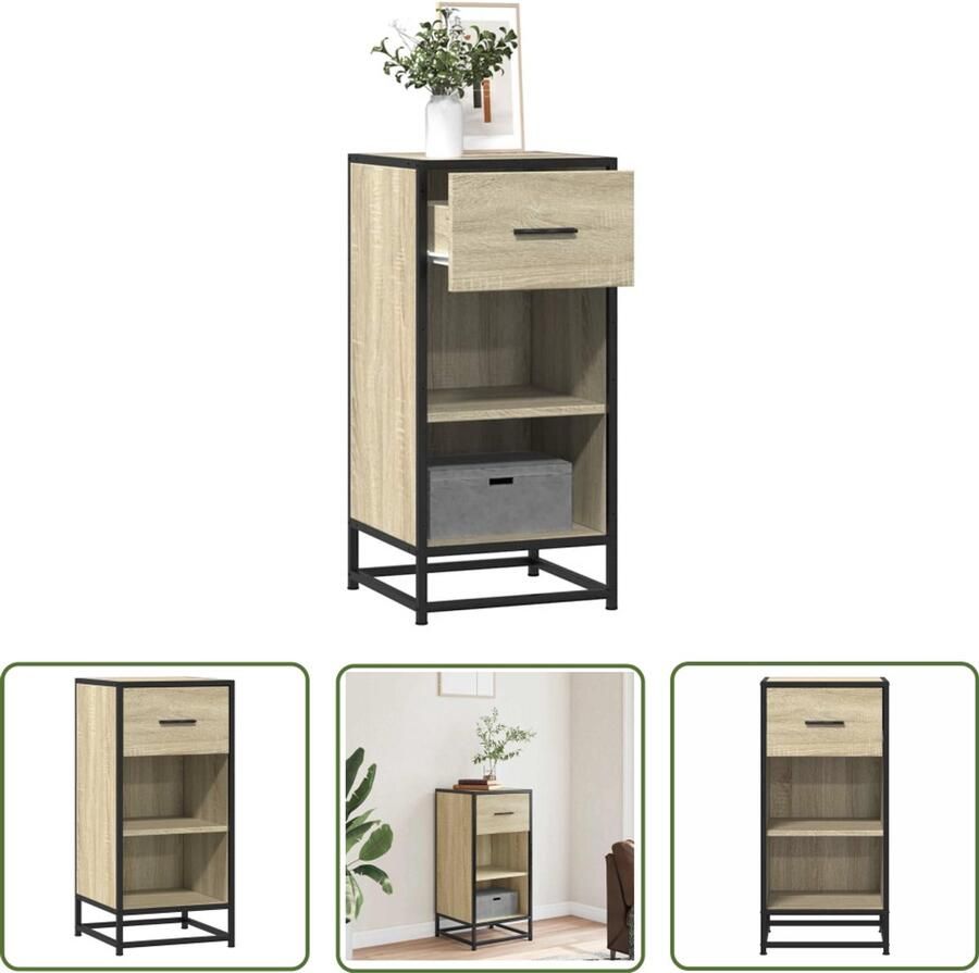The Living Store Dressoir 35 5x35x76 cm bewerkt hout en metaal sonoma eikenkleur Dressoir Salontafel Opslagoplossing Houten Kast Industrieel Design