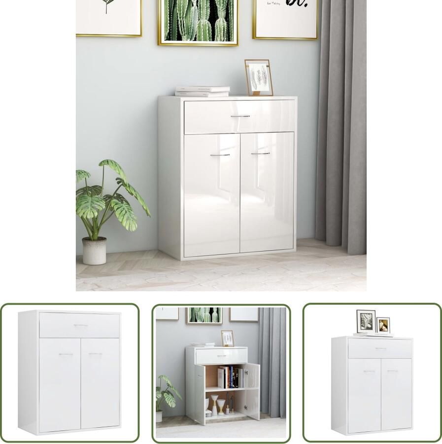 The Living Store Dressoir 60x30x75 cm bewerkt hout hoogglans wit Dressoir Kast Opslagoplossing Modern Minimalist