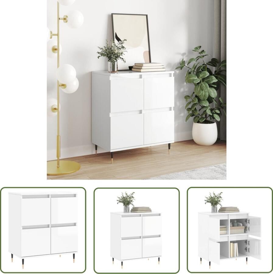 The Living Store Dressoir 60x35x70 cm bewerkt hout hoogglans wit Dressoir Kast Opbergkast Salontafel Woonaccessoires