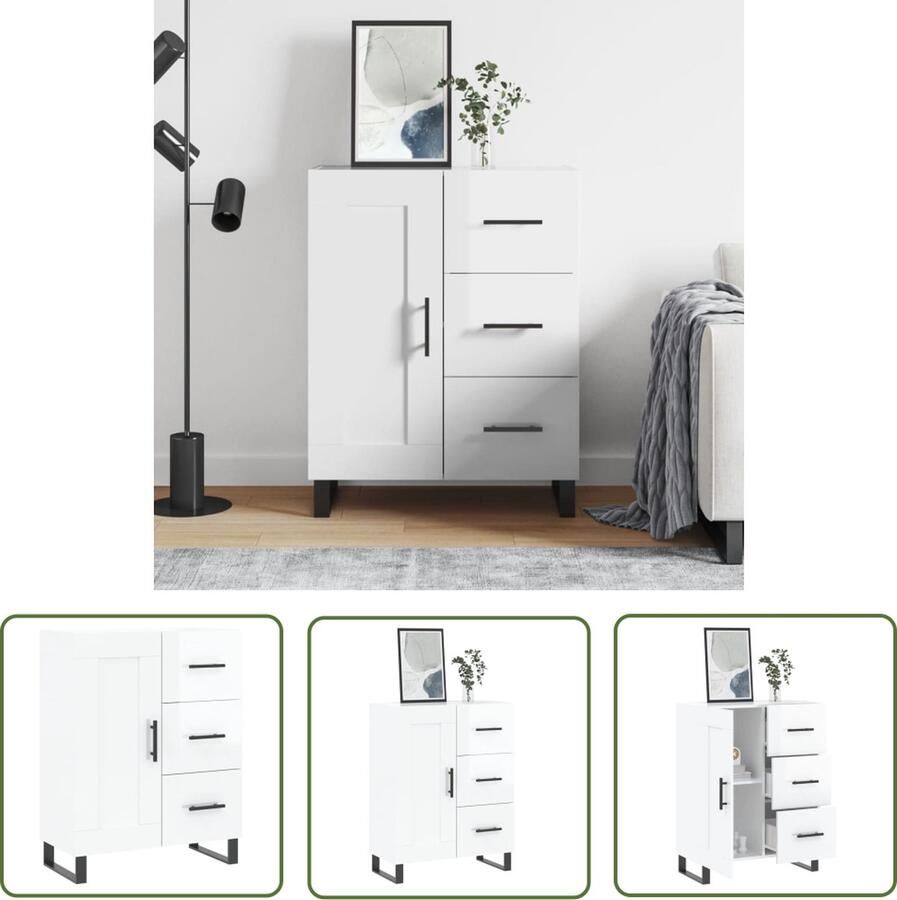 The Living Store Dressoir 69 5x34x90 cm bewerkt hout hoogglans wit Dressoir Kast Opbergkast Woonkamerinrichting Modern Design