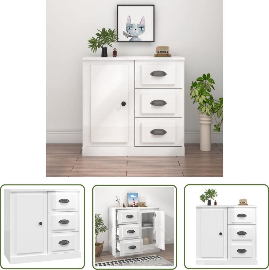The Living Store Dressoir 70x35x67 5 cm bewerkt hout hoogglans wit Dressoir Bijzettafel Kast Witte Kast Houten Dressoir