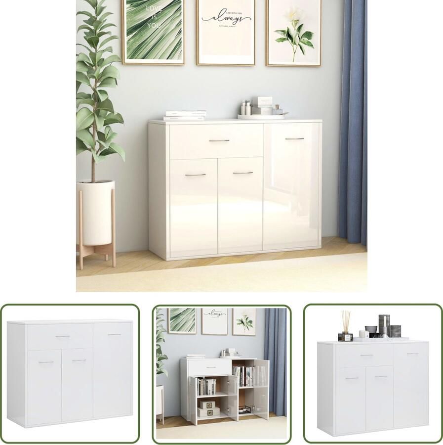 The Living Store Dressoir 88x30x70 cm bewerkt hout hoogglans wit Dressoir Kastje Opbergmeubels Meubilair Woonaccessoires