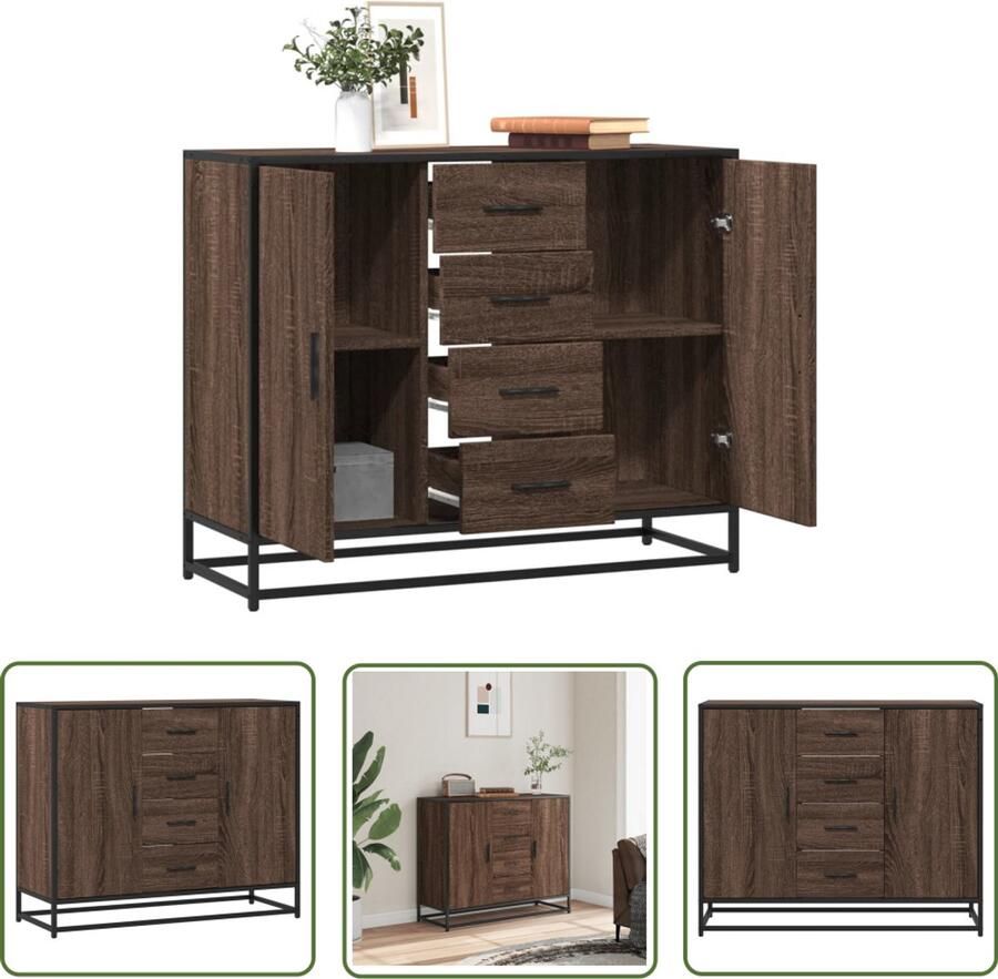 The Living Store Dressoir 92x35x76 cm bewerkt hout bruin eikenkleurig Dressoir Kast Opbergkast Salontafel Industrieel Design