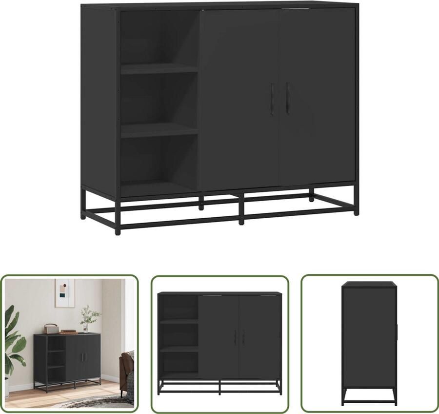 The Living Store Dressoir 92x35x76 cm bewerkt hout zwart Dressoir Kast Zwarte Meubels Industrieel Design Houten Meubel