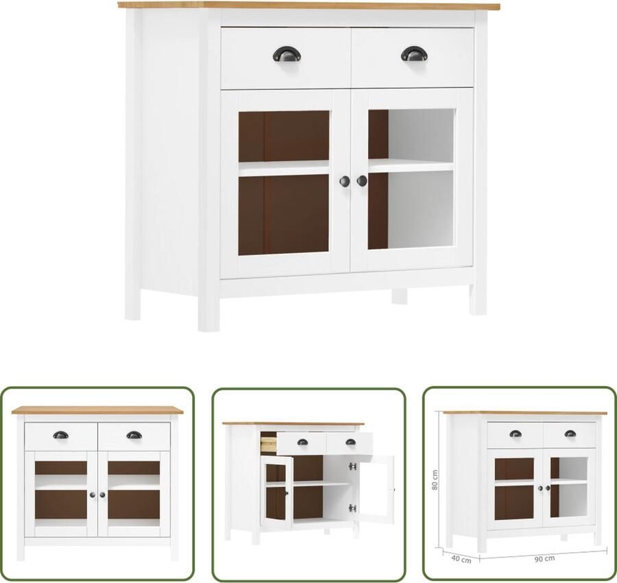 The Living Store Hill Houten Dressoir 90 x 40 x 80 cm wit en honingbruin massief grenenhout 2 lades 2 schappen 2 glazen deuren - Foto 2