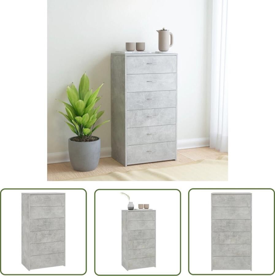 The Living Store Dressoir met 6 lades 50x34x96 cm bewerkt hout betongrijs Dressoir Kast Bergruimte Houten Meubels Grijze Meubelen