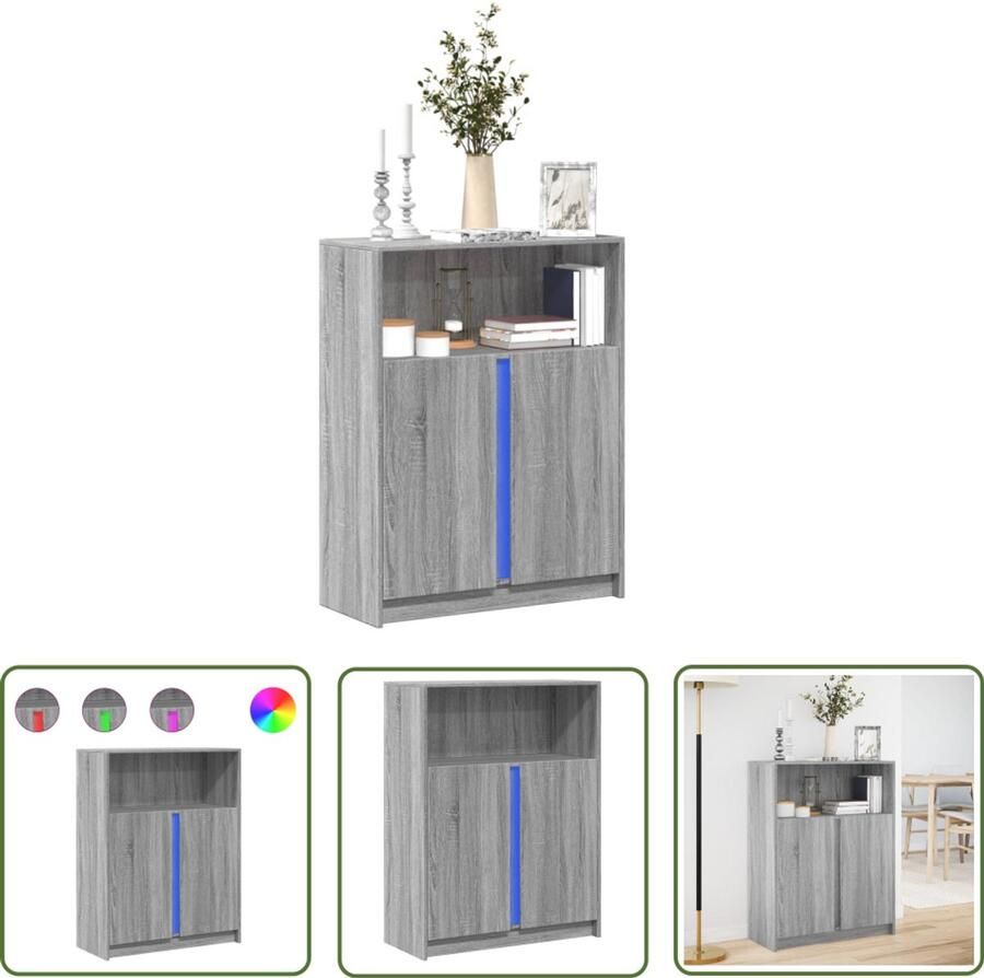 VidaXL Dressoir met LED 77x34x100 cm bewerkt hout grijs sonoma eiken Dressoir Kast Opbergruimte Led Verlichting Grijze Eik