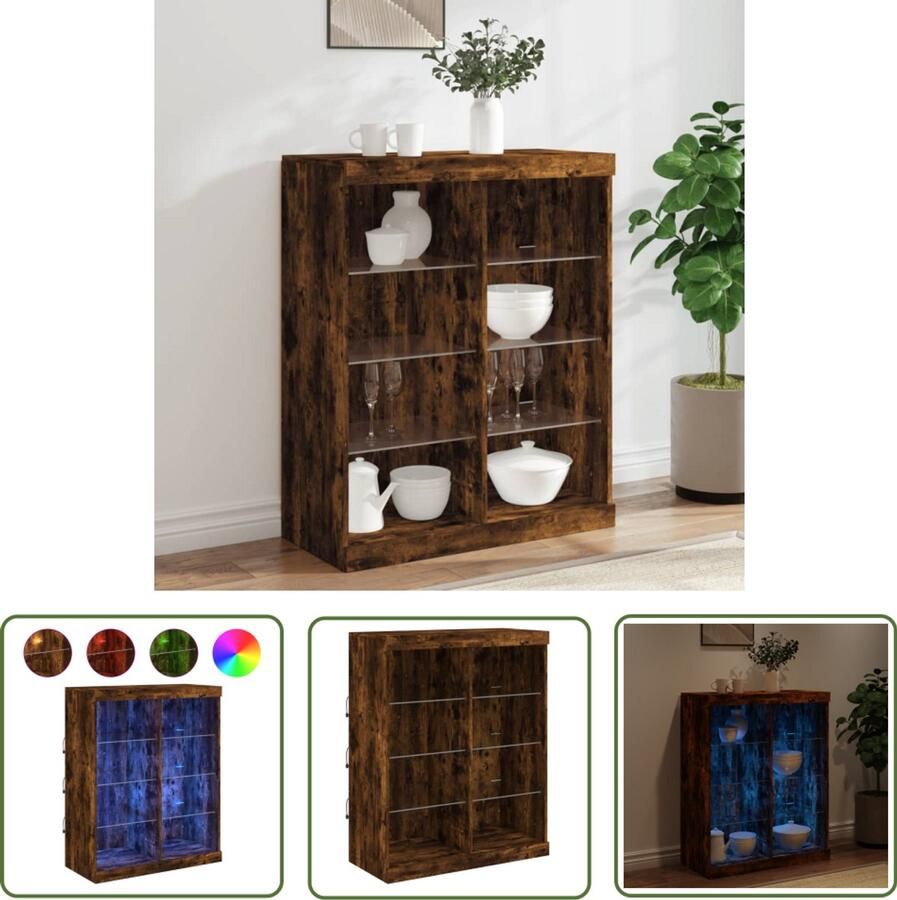 The Living Store Dressoir met LED-verlichting 81x37x100 cm gerookt eikenkleurig Dressoir Buffetkast Led Verlichting Houten Kast Gerookt Eiken