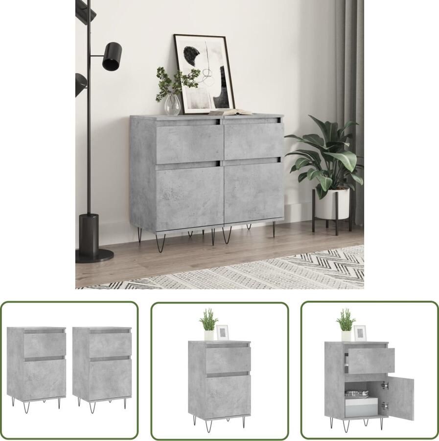 The Living Store Dressoirs 2 st 40x35x70 cm bewerkt hout betongrijs Dressoir Kast Opbergkast Beton Grijs Houten Dressoir