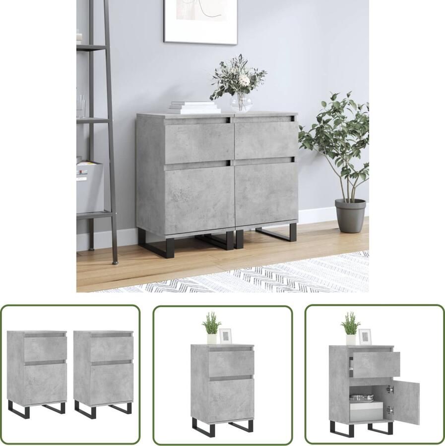 The Living Store Dressoirs 2 st 40x35x70 cm bewerkt hout betongrijs Dressoir Opbergkast Kast Beton Grijs Houten Dressoir
