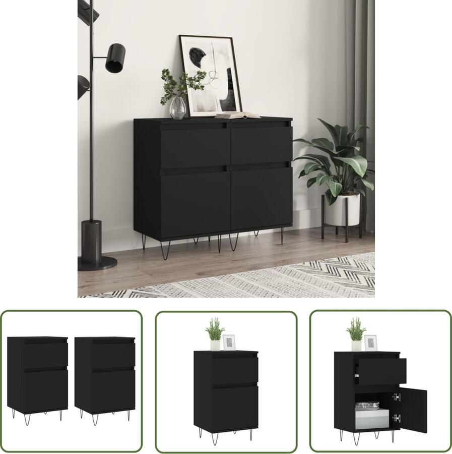 The Living Store Dressoirs 2 st 40x35x70 cm bewerkt hout zwart Dressoir Bijzettafel Kast Houten Dressoir Zwarte Dressoir