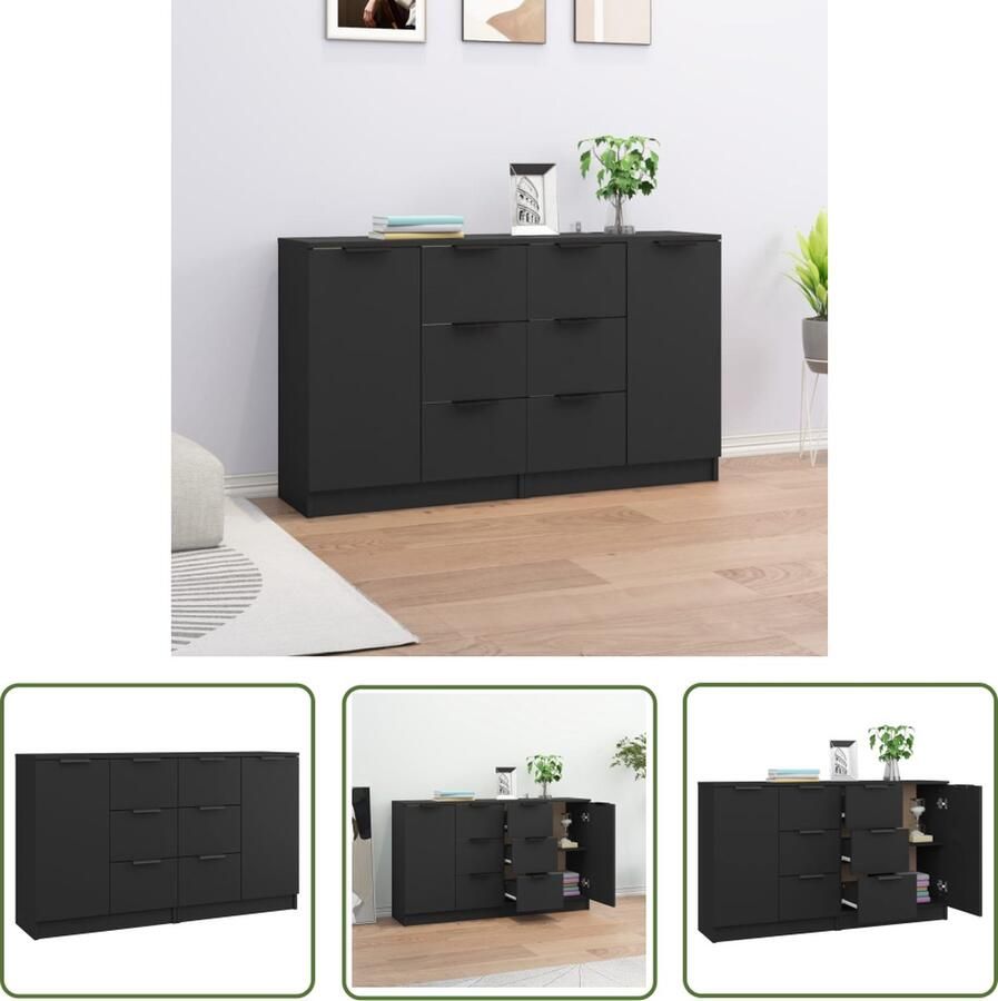 The Living Store Dressoirs 2 st 60x30x70 cm bewerkt hout zwart Dressoir Houten Dressoir Zwarte Dressoir Salontafel Tv Tafel