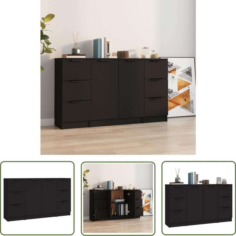 The Living Store Dressoirs 3 st bewerkt hout zwart Dressoir Houten Dressoir Zwarte Dressoir Multifunctionele Kast Opbergkast