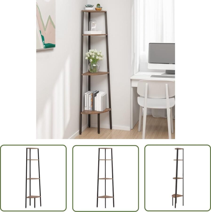 The Living Store Hoekkast Stalen constructie Opbergruimte Brede toepassing Donkerbruin Zwart 45.5 x 31.5 x 150 cm Hoekkast Kast Opbergruimte Donkere Kleuren Houten Kast - Foto 2