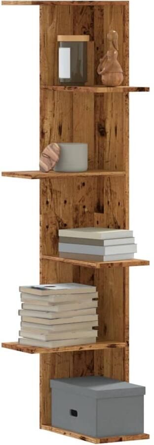 The Living Store Hoekwandschap 36 5x36 5x140 cm bewerkt hout out houtkleurig Hoekwand Wandschaps Houten Kast Opbergruimte Vintage Stijl - Foto 2