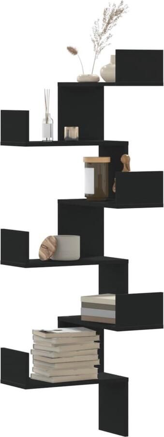 The Living Store Hoekwandschap 45x45x147 cm bewerkt hout zwart Hoekwand Houten Kast Wandplank Opbergruimte Woonaccessoires