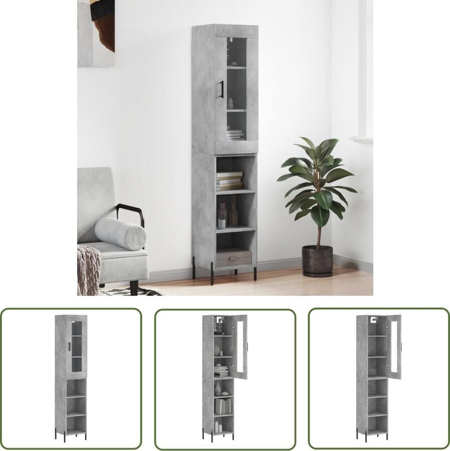 The Living Store Hoge Kast Opbergkast Betongrijs 34.5x34x180cm Duurzaam materiaal voldoende opbergruimte praktische deur ijzeren poten - Foto 3