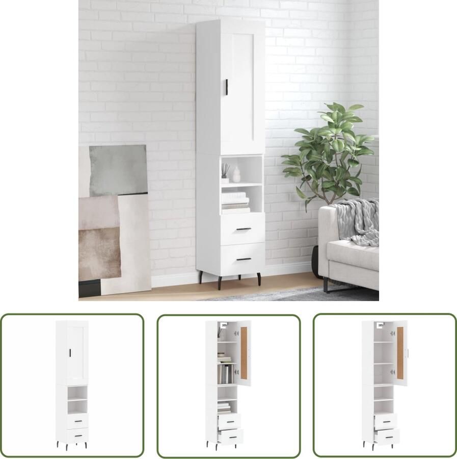 The Living Store Hoge kast 34 5x34x180 cm bewerkt hout wit Hoge Kast Houten Kast Witte Kast Opslagoplossing Woonkamer Decoratie