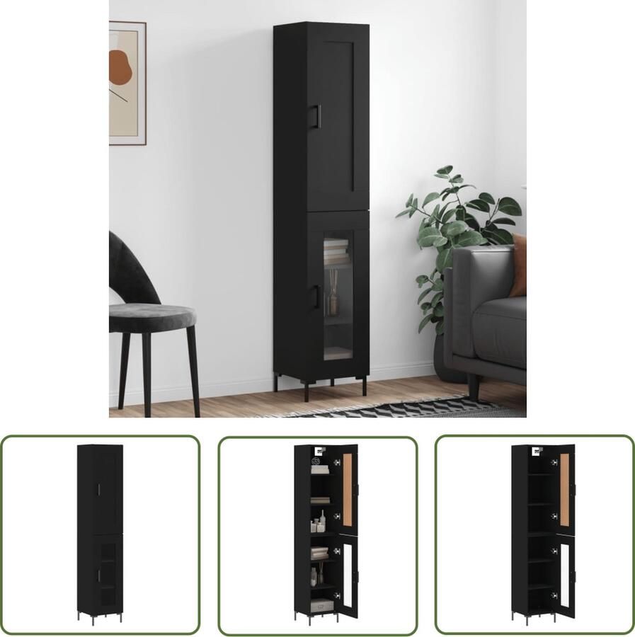 The Living Store Hoge kast 34 5x34x180 cm bewerkt hout zwart Hoge Kast Houten Kast Zwarte Kast Opslagoplossing