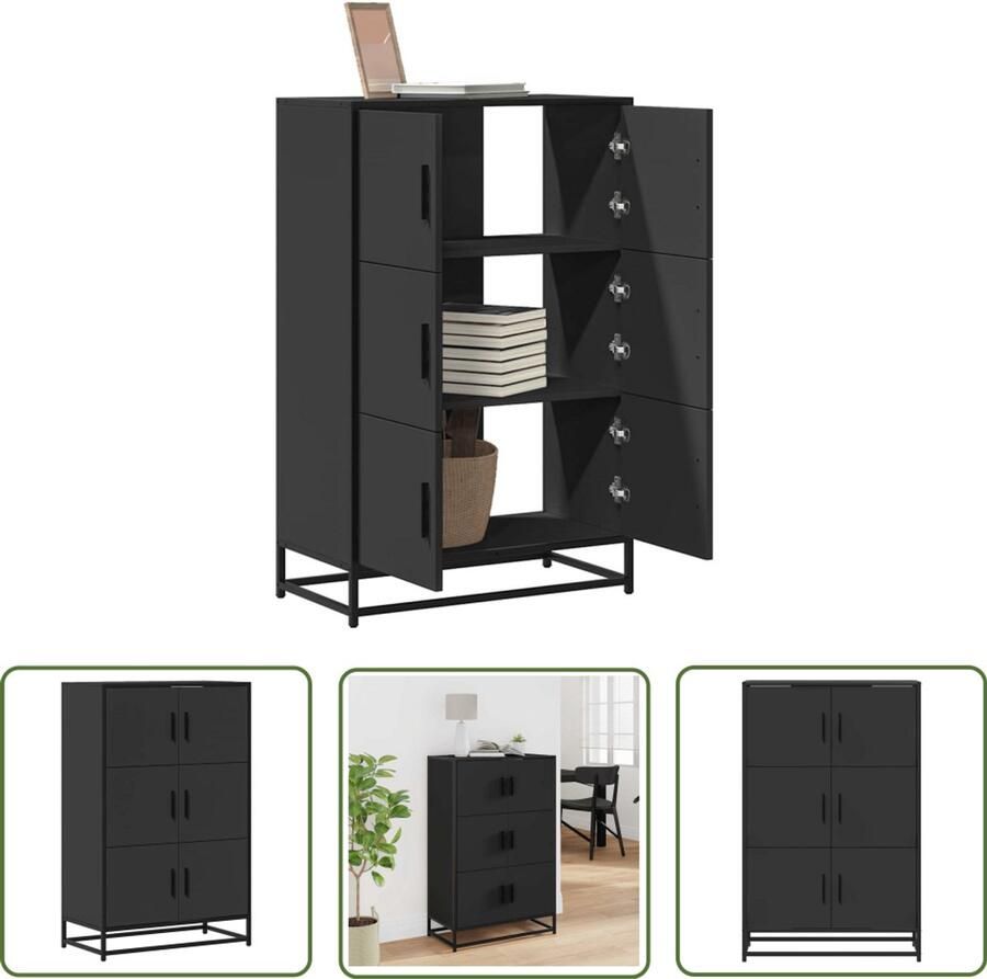 The Living Store Hoge kast 68x35x106 5 cm bewerkt hout en metaal zwart Hoge Kast Keukenopslag Houten Kast Metalen Kast Zwarte Kast