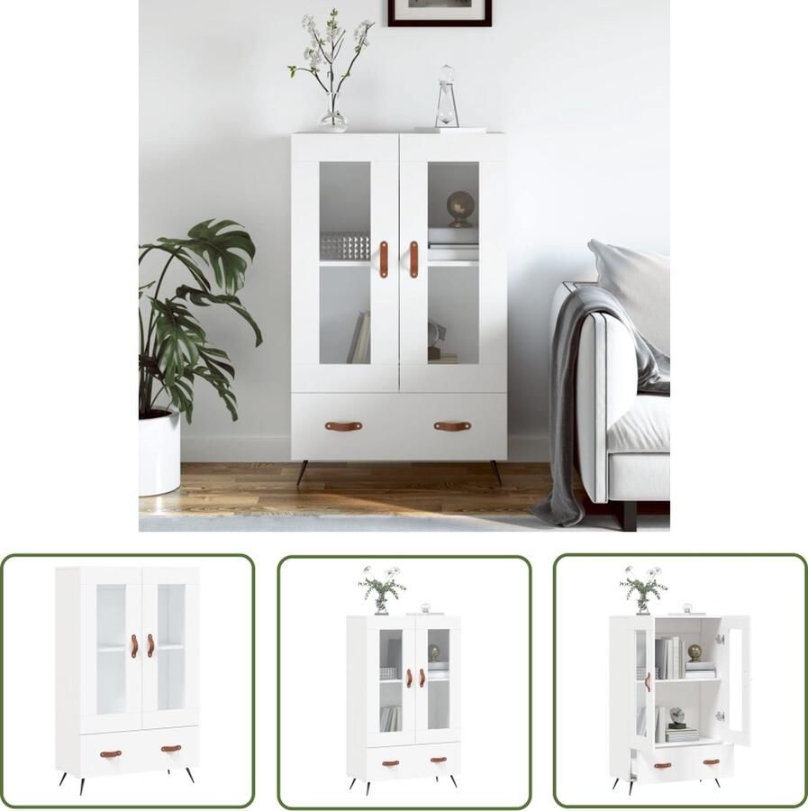 The Living Store Hoge kast 69 5x31x115 cm bewerkt hout wit Hoge Kast Dressoir Buffetkast Witte Kast Houten Kast