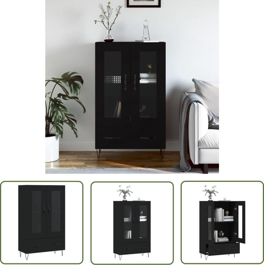 The Living Store Hoge kast 69 5x31x115 cm bewerkt hout zwart Hoge Kast Dressoir Buffetkast Houten Kast Zwarte Kast