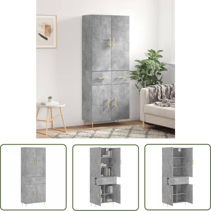 The Living Store Hoge kast 69 5x34x180 cm bewerkt hout betongrijs Hoge Kast Kledingkast Opslagkast Betonnen Kast Grijze Kast