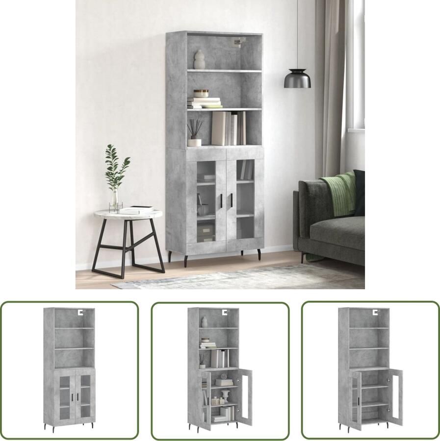 The Living Store Hoge Kast Betongrijs 69.5 x 34 x 180 cm Duurzaam materiaal voldoende opbergruimte praktische deuren metalen voeten Inclusief dressoir en opzetkast Montage vereist