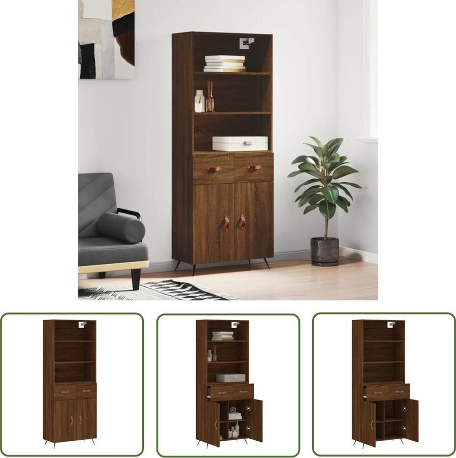 The Living Store Hoge kast 69 5x34x180 cm bewerkt hout bruin eikenkleur Hoge Kast Houten Kast Bruine Eiken Kast Opbergkast Dressoir
