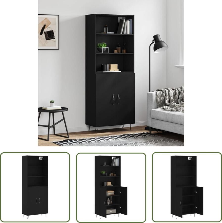 The Living Store Hoge Kast Zwart 69.5 x 34 x 180 cm Duurzaam materiaal Voldoende opbergruimte Glasontwerp Praktische deuren Metalen voeten Montage vereist - Foto 5