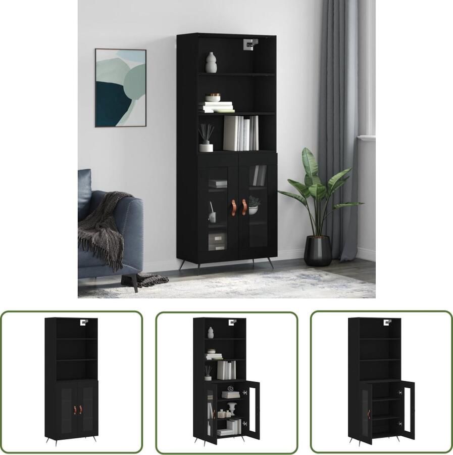 The Living Store Hoge Kast Zwart 69.5 x 34 x 180 cm Duurzaam materiaal Voldoende opbergruimte Glasontwerp Praktische deuren Metalen voeten Montage vereist - Foto 6