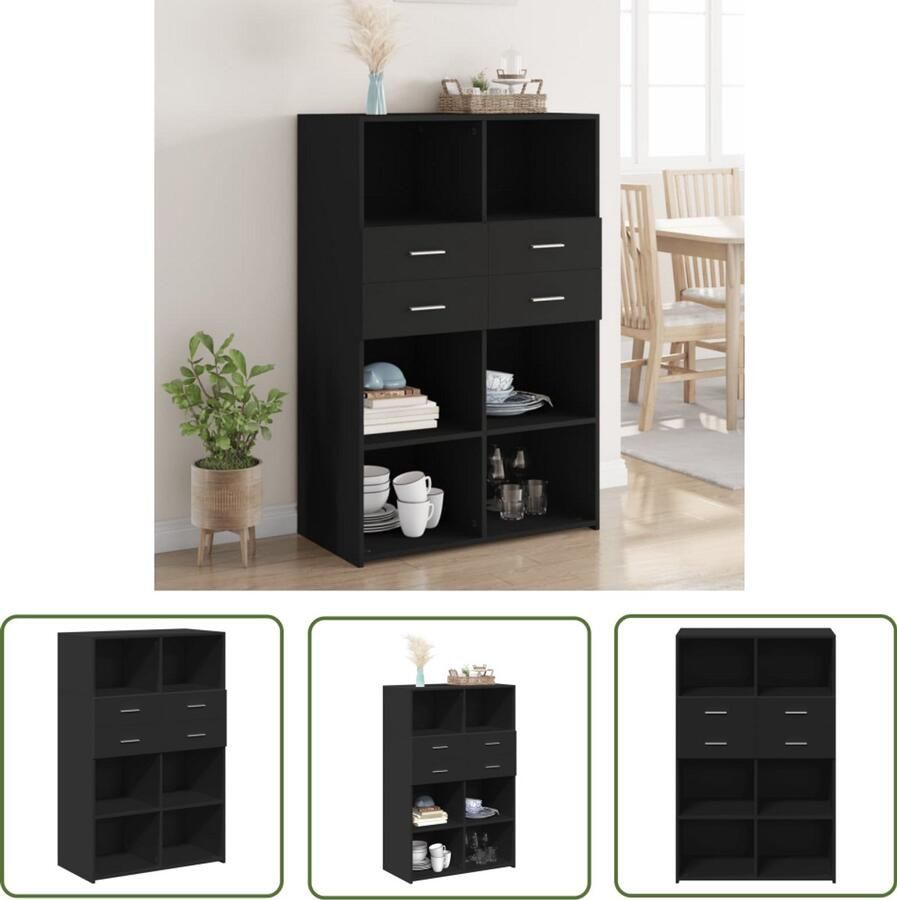 The Living Store Hoge kast 80x42 5x124 cm bewerkt hout zwart Hoge Kast Opbergkast Houten Kast Zwarte Kast Woonkamer