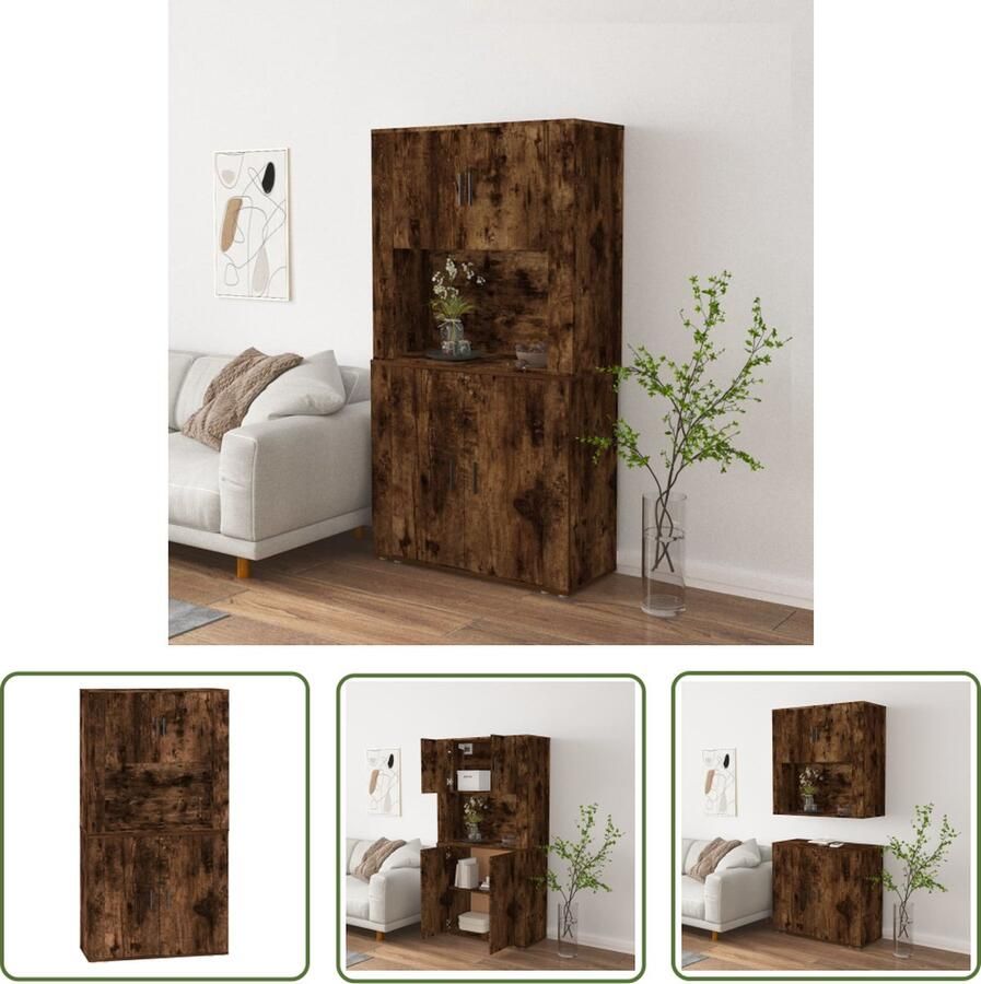 The Living Store Hoge kast bewerkt hout gerookt eikenkleurig Hoge Kast Buffetkast Houten Kast Roestvrijstalen Kast Vintage Kast - Foto 3