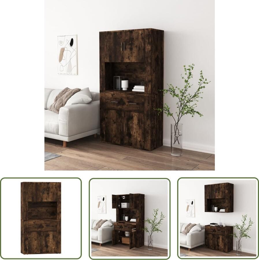 VidaXL Kast Hoge Kast Hoge kast bewerkt hout gerookt eikenkleurig Houten Kast Bruine Kast Vintage Kast