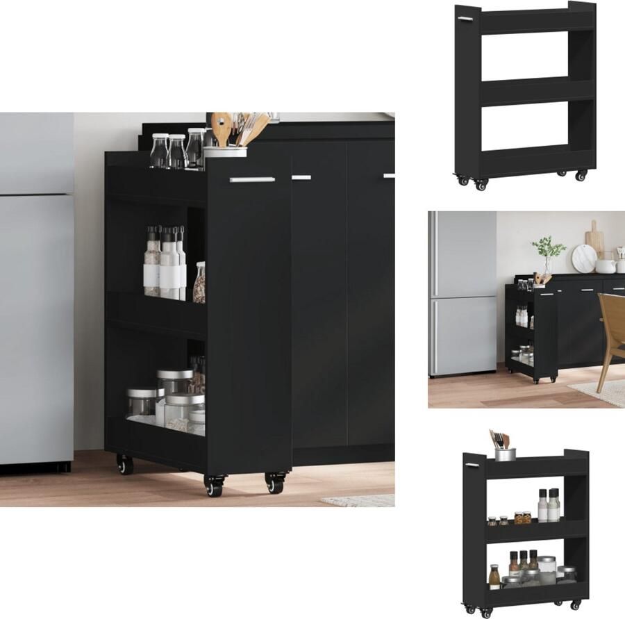 The Living Store Kast met wieltjes 60x22x79 bewerkt hout zwart Dressoir Kast Houten Kast Zwarte Kast Opbergkast - Foto 3