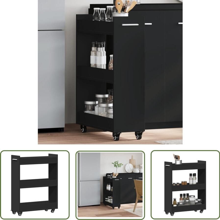 The Living Store Kast met wieltjes 60x22x79 bewerkt hout zwart Dressoir Kast Houten Kast Zwarte Kast Opbergkast - Foto 2