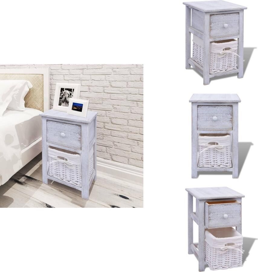 VidaXL Nachtkastje Paulowniahout 40 x 29 x 42 cm Wit Met lade en plank Eenvoudige montage Kast - Foto 2
