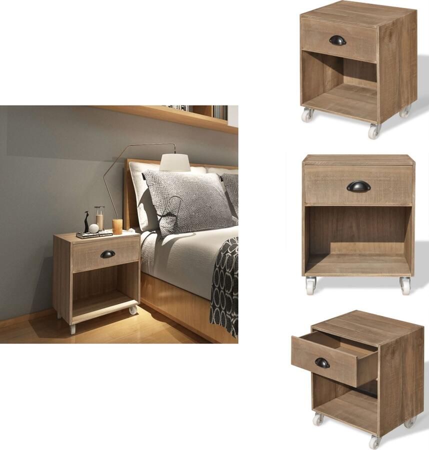 VidaXL Nachtkastje Hout 38 x 31.5 x 46.5 cm Met lade en open vak 4 wieltjes Kast