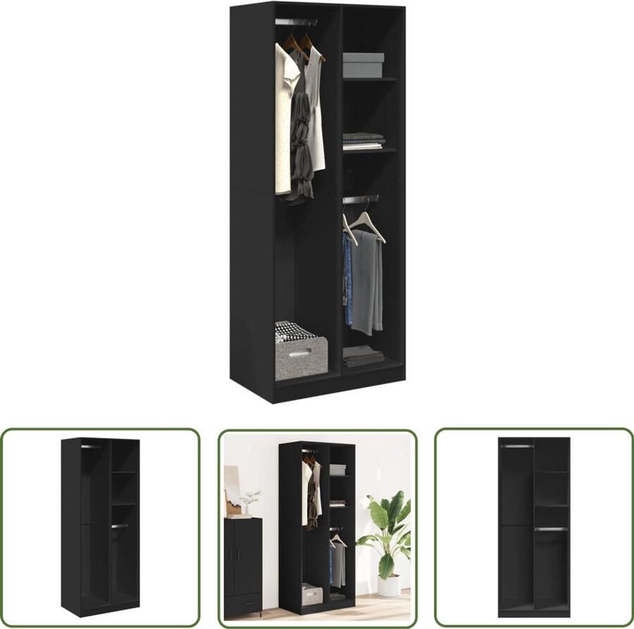 The Living Store Kledingkast 80x50x200 cm bewerkt hout zwart Kledingkast Kast Bergruimte Houten Kast Zwarte Kast